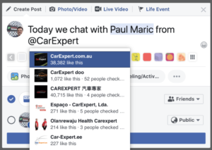 How to tag Paul Maric and CarExpert on Facebook